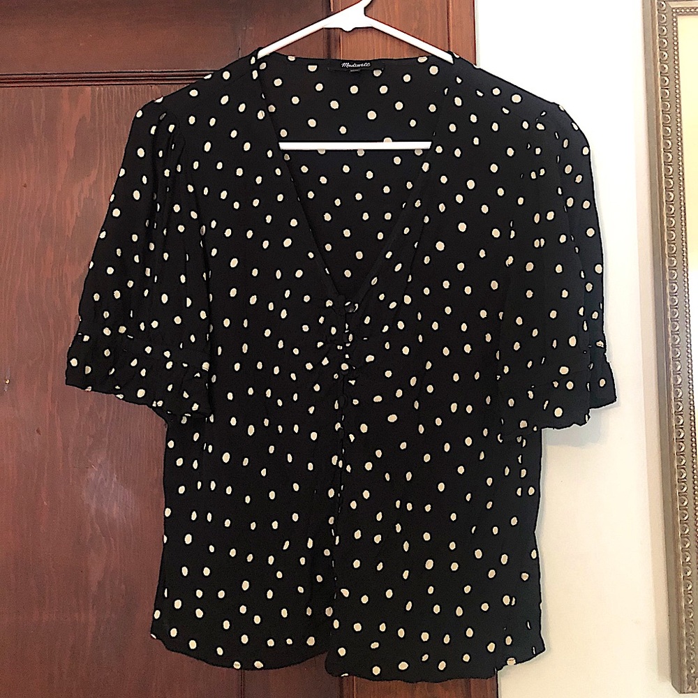 Madewell B/W Polka Dot cinched-sleeve top